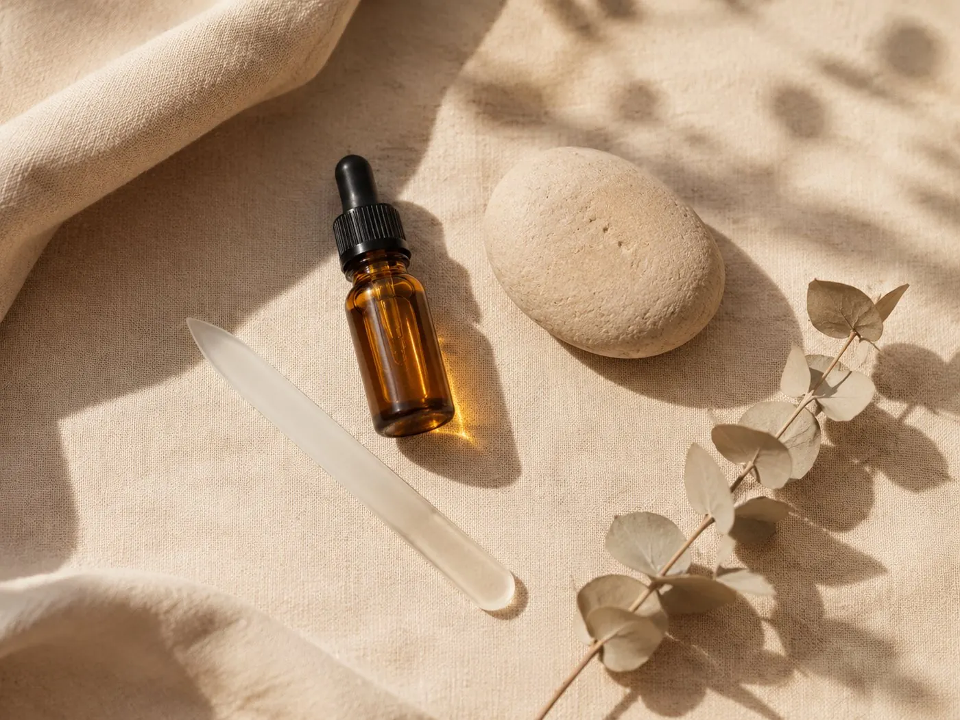 A glass nail file, cuticle oil and a smooth stone on warm linen