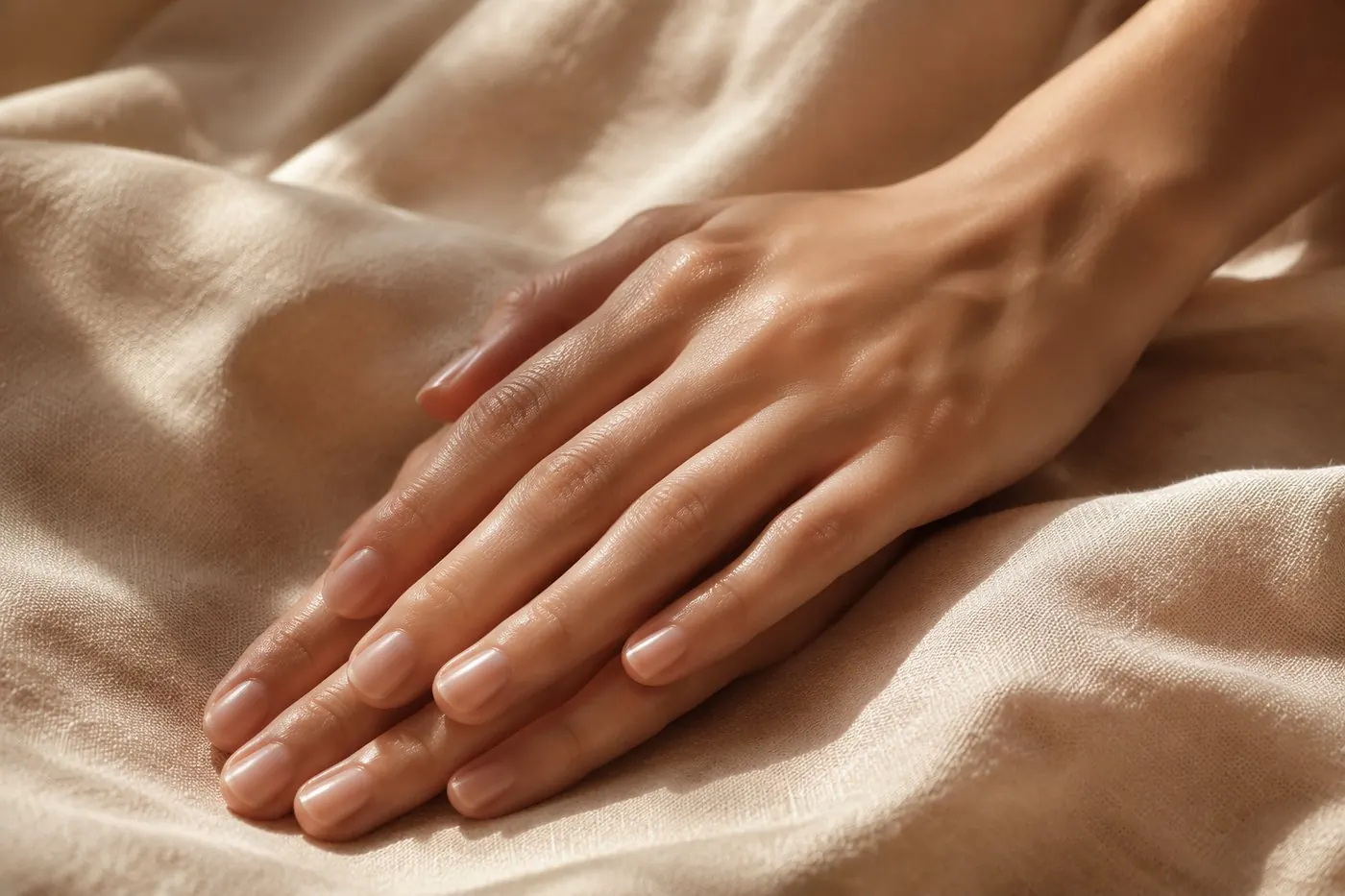 Calm, healthy hands resting on warm linen