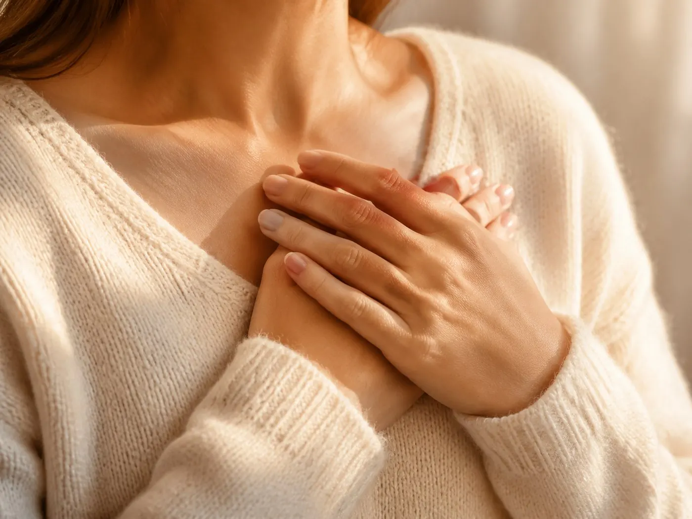 Relaxed hands resting over the heart, at peace